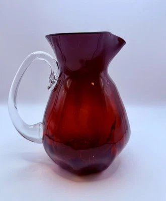 Foster Holcombe Ruby Red Hand-Blown Art Glass Pitcher Signed 2003 Clear Handle - Image 1 of 4