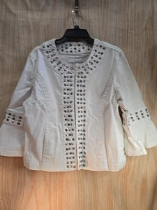 Chaqueta elástica de mezclilla blanca Live A Little LAL adornos plateados XL - Imagen 1 de 7
