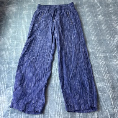 Athleta Cabo Pants Women’s 4P Blue Linen Wide Leg Drawstring Zip Pocket  - Image 1 of 4