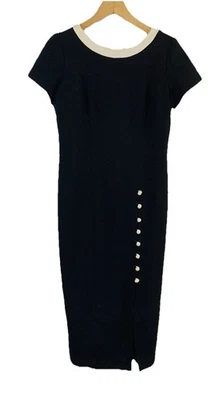 Liz Claiborne Petites Women's Dress Black W/ Cream Trim Sz 6P  Front Slit Midi - Image 1 of 4