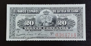 20 CENTAVOS 1897 DEL BANCO ESPAÑOL  DE CUBA, PICK 53A, SC, SERIE I. - Imagen 1 de 3