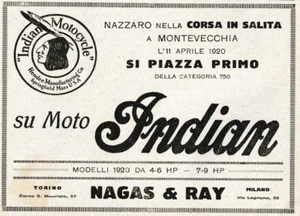 PUBBLICITA' 1920 MOTO INDIAN NAZZARO MOTO 750 CORSA MONTEVECCHIA NAGAS & RAY - Foto 1 di 1