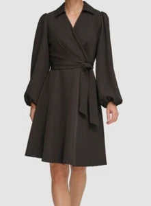 DKNY Women's Black Collared V-Neck Balloon-Sleeve Belted Sheath Dress Size 10 - Picture 1 of 2