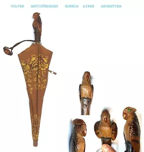 RAREST old funny automaton carved tree wooden parrot parasol FREE SEE MOVIE - Picture 1 of 6