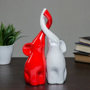 Red White Elephant Figurines with Trunk Up 10 in Polystone Ceramic Statues - Picture 1 of 6