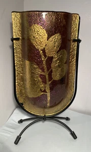 Jasmine ART GLASS U VASE 9" Abstract GOLD/Multi-Color + Stand - Picture 1 of 5