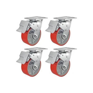 5" x 2" Total Lock Caster Set of 4 with Red Polyurethane on Steel Wheel - Picture 1 of 8