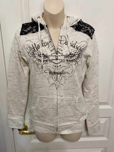 OFF WHITE Felpa donna Harley Davidson con cappuccio taglia Sm panna con bordo in pizzo tasche zip intera