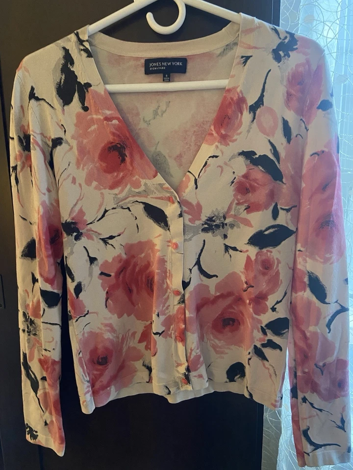 Jones New York Mujer Talla S Botón Frontal Cárdigan Suéter Rosa Negro Floral Foto 1 de 4