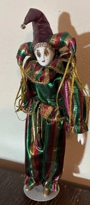Muñeca payaso bufón de porcelana arlequín de Mardi Gras con soporte 13,25" - Imagen 1 de 5