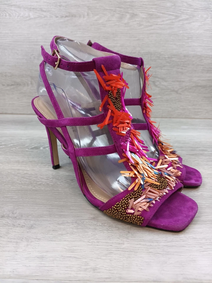 Donald J Pliner 女式高跟鞋 8M 码洋红色麂皮绒流苏踝带细高跟鞋 — 第 1/4 张图片