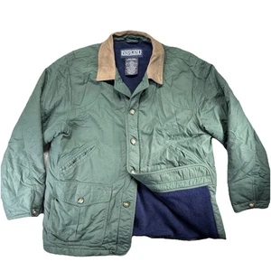 Vtg LANDS END Fleece Lined Leather Collar Green Blue Hunting Chore Work Jacket L - Picture 1 of 8