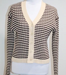 The Great. The Mini Striped Cardigan Sweater Knit Cream Woodsmoke Size 0 XS - Picture 1 of 9