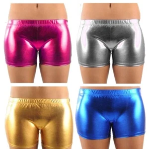 Womens Pvc Dance Metallic Shorts Wet Look Gym Wear Shiny Hot Pants - Picture 1 of 8