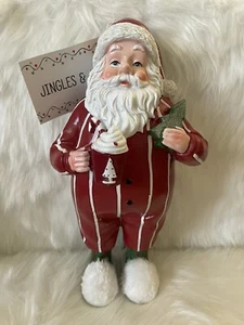 NEW Santa In Pajamas Decor CHRISTMAS Holding Hot Cocoa Wearing Fluffy Slippers - Imagen 1 de 5