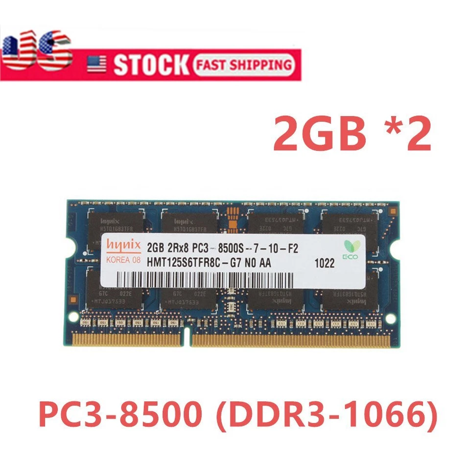 Hynix 2*2GB DDR3 1066MHZ 2Rx8 PC3-8500S Laptop Memory Stick Notebook RAM Non-ECC - Image 1 of 4