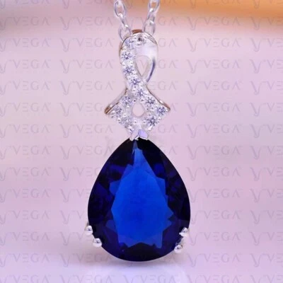 5.30ct Pear Natural Blue Sapphire Diamond Pendant 18k White Gold Plated No Chain - Image 1 of 4