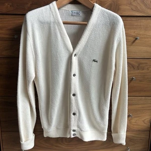 70’s Vintage Izod Lacoste Cardigan Ivory Preppy Golf Sweater Grunge Grandpa Lrg - Picture 1 of 11