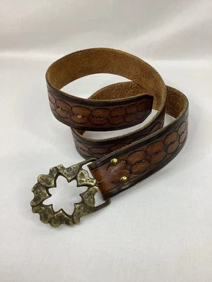 Vintage Belt Leather Tooled Solid Brass Heart Shaped Buckle SIZE 36” x W1-1/2” - Image 1 of 4