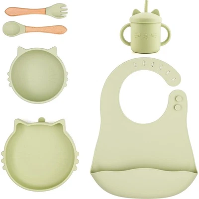 Geschirrset für Kinder Schüssel Becher Lätzchen Löffel Gabel Grün - Bild 1 von 4