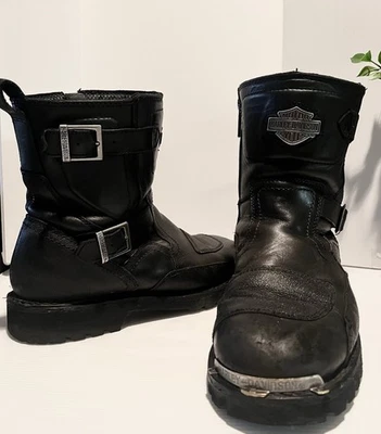 HARLEY Davidson Mens Motorcycle Biker Boots-10M-Black-2 Buckle-Side Zip-D91682 - Image 1 of 4
