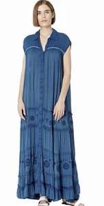 Free People Pretty Cozy Beautiful Flowy Blue Maxi Dress Full Button Size XL - Picture 1 of 9