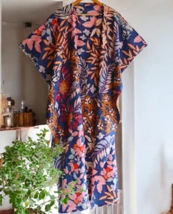 Indian Vintage 100% Cotton Long Beach Maxi Kaftan Dress One Size Caftan Kimono - Picture 1 of 6