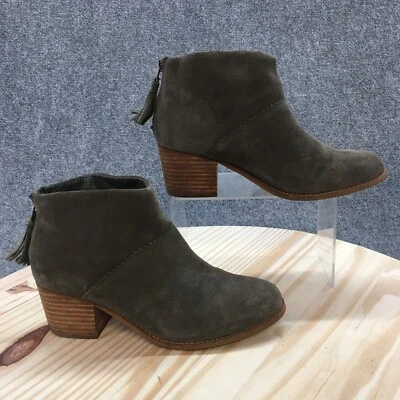 TOMS 靴子女式 8 Leila 踝靴灰色麂皮绒流苏后拉链低跟鞋 — 第 1/4 张图片