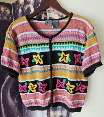 Cárdigan suéter tejido elástico vintage LizWear algodón bordado con cuentas talla M Foto 1 de 4