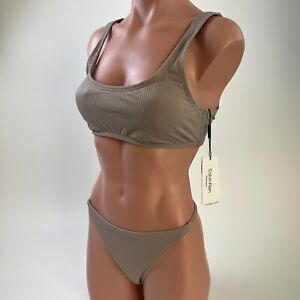 Calvin Klein Swimwear Women UPF50+ Ribbed Top & Bottom Bikini Set  Taupe XL NWT