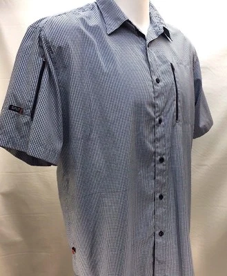 Split Mens Size L Vented Sport Shirt Short Sleeves Blue Checked Zipper Pockets  - Image 1 of 4