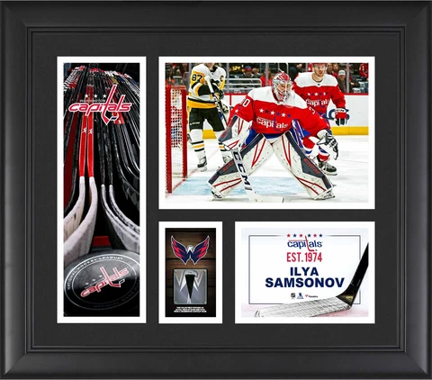 Ilya Samsonov Washington Capitals Frmd 15 x 17 Player Collage & Piece of GU Puck Cover