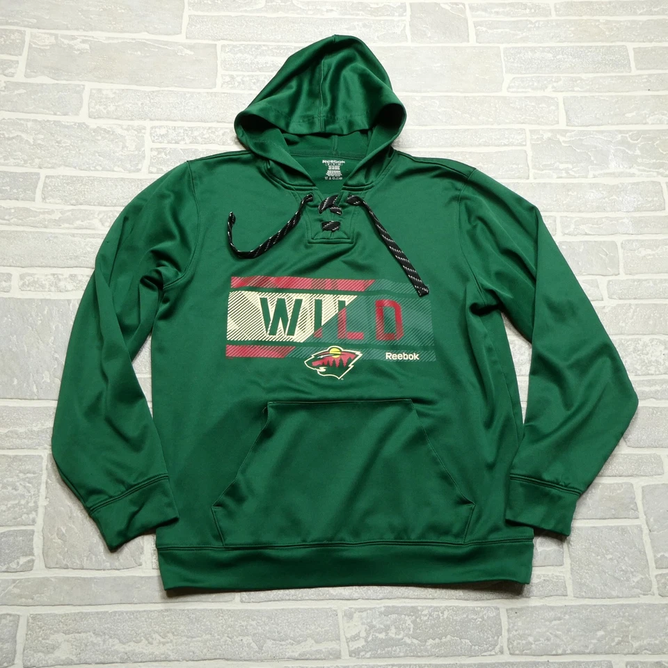 Minnesota Wild Hockey Hoodie Size M Reebok Green Micro Fleece Hooded Sweatshirt - Image 1 of 4
