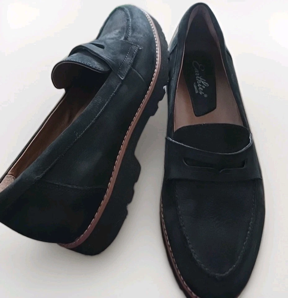 Mocasines Earthies Braga para mujer de gamuza Penny negros cómodos sin cordones talla 9,5B Foto 1 de 4