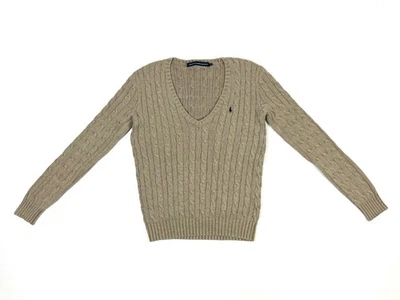Suéter deportivo Ralph Lauren tejido con cable cuello en V beige para mujer M 100 % algodón Foto 1 de 4