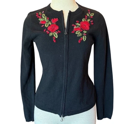 Floral Embroidered Zip Cardigan Cotton Cashmere Sweater XS/S Black (See Notes) - Image 1 of 4