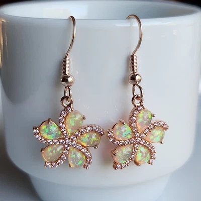 925纯银天然4x6毫米梨蛋白石1.5英寸耳环玫瑰金镀 — 第 1/4 张图片