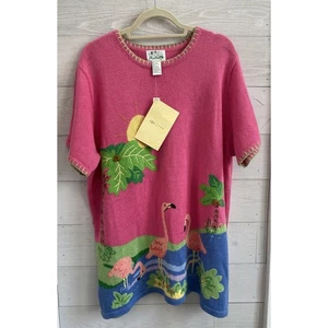 Quaker Factory Womens 1X NEW Vintage 90s Flamingo Short Sleeve Sweater Shirt - Picture 1 of 11