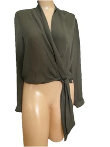 Bebe Tie Front Shirt Blouse Olive Green Size Small NWT - Picture 1 of 11