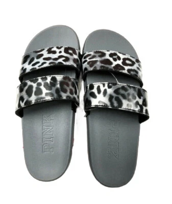 Sandalias Victoria's Secret Rosa Doble Correa Deslizables Gris Leopardo Nuevas con Etiquetas Foto 1 de 4