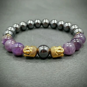 8"L Gold Zen Buddha 10mm Purple Amethyst+Hematite Gemstone Beaded Men's Bracelet - Picture 1 of 5