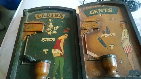 WOOD HAND PAINTED LADIES GENTS COMICAL JOKE RETRO TOILET ADVERTISING SIGNS Cover