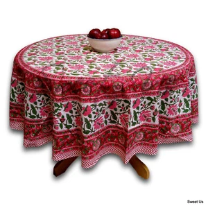 Lotus Flower Hand Block Print Cotton Floral Tablecloth Round 72" Red Pink Green - Picture 1 of 3