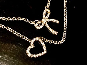 Rue 21 Etc! Silver Tone Dbl Layered Rhinestone Heart & Bow Tie Dainty Necklace - Picture 1 of 11