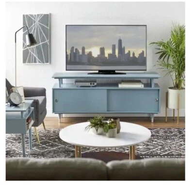 Armario de almacenamiento azul estantería madera soporte TV exhibición buffet puertas correderas mesa Foto 1 de 4