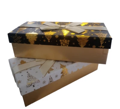 Large Long Christmas Gift Box With Lid Ribbon Xmas Present Gold Rectangle 22cm - Image 1 of 4