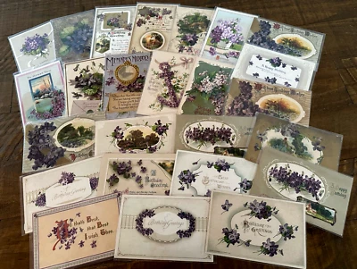 Nice~Lot of 25 Greetings Postcards with Purple Violets Flowers~in Sleeves~d59 - Image 1 of 3