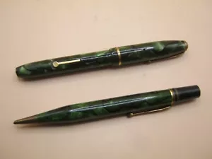 Vintage Conway Stewart Green Marble 14k Fountain Pen Pencil Set 1935 DURO No 2R - Picture 1 of 8