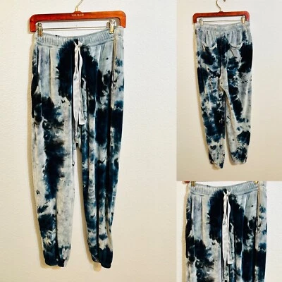 全新无标签布料和石头海军蓝/灰色领带染料天鹅绒慢跑裤 Wm Sm 口袋拉上 — 第 1/4 张图片