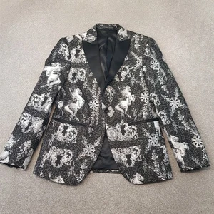 Zara Mens Jacket 38 Black Silver Tuxedo Smoking Blazer Satin Lapel Horse Print - Picture 1 of 12